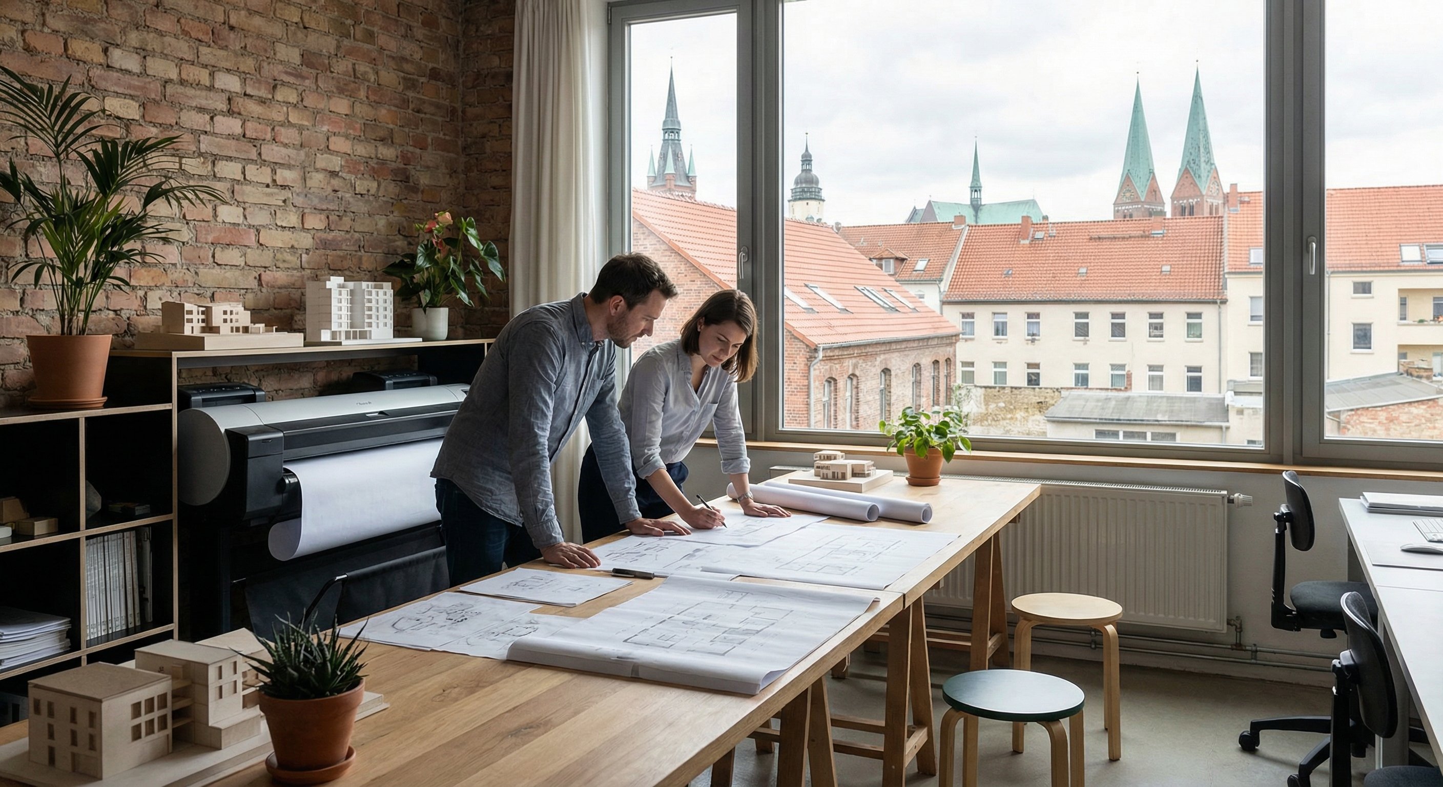 Architekturbüro mit großformatigen Bauplänen und A0 Scanner