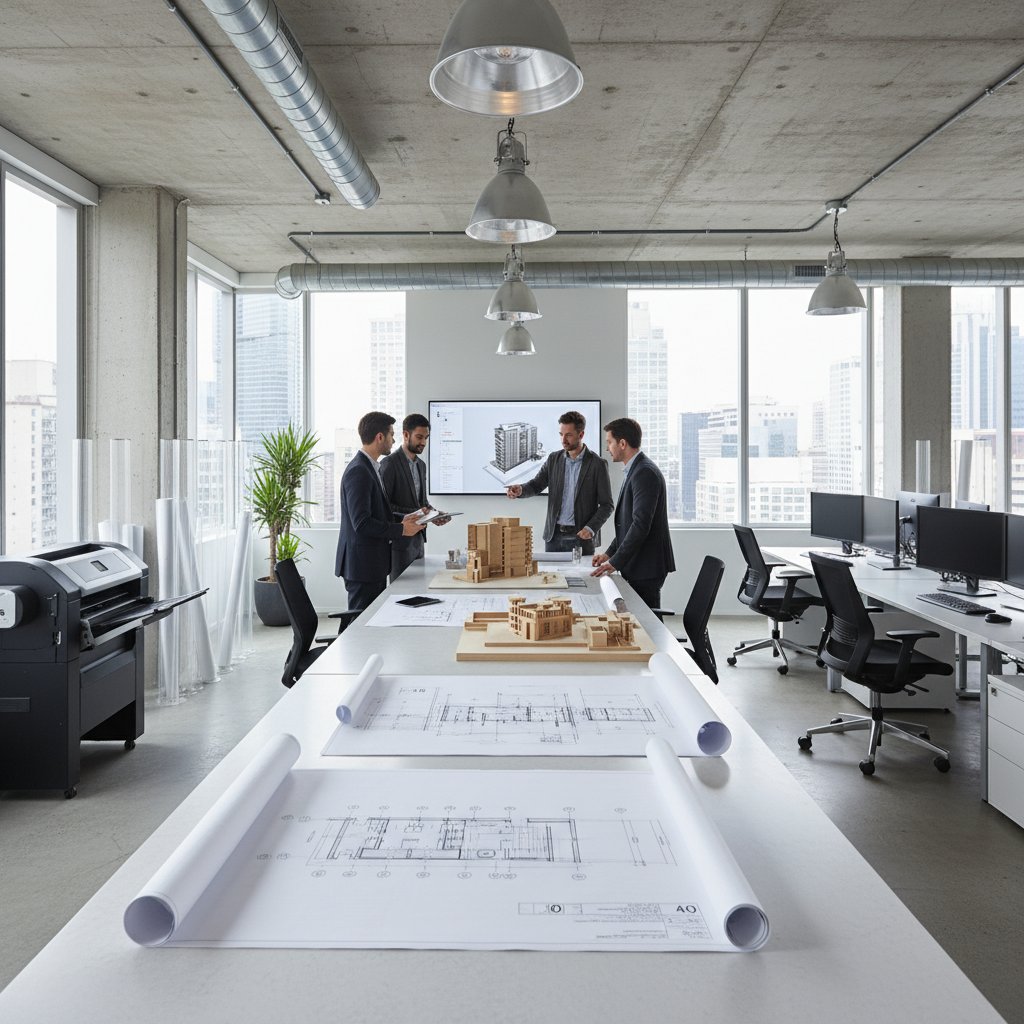 Architekturbüro mit großformatigen Bauplänen und A0 technischen Zeichnungen