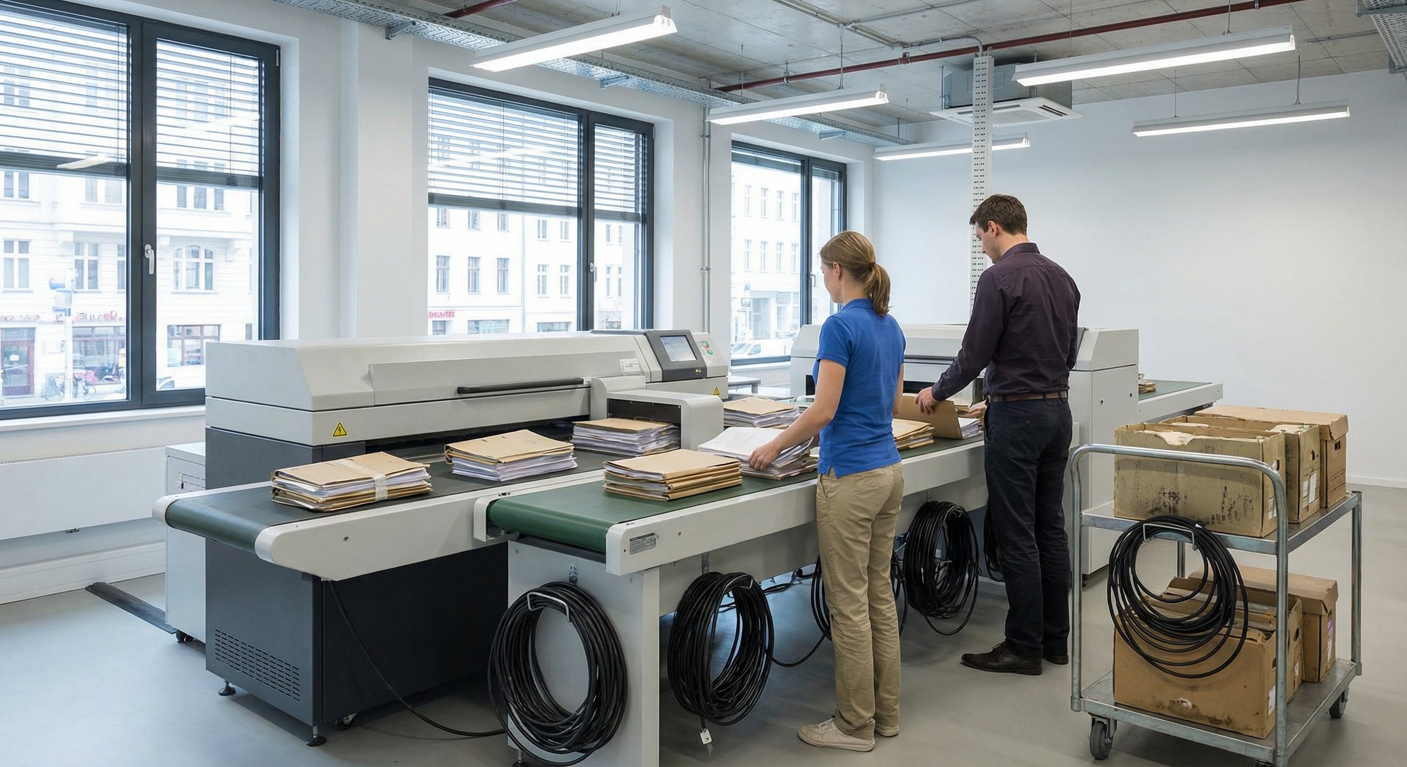 Modernes Dokumenten-Scanningzentrum mit professionellem Team und hochmodernen Scannern in sicherer Umgebung