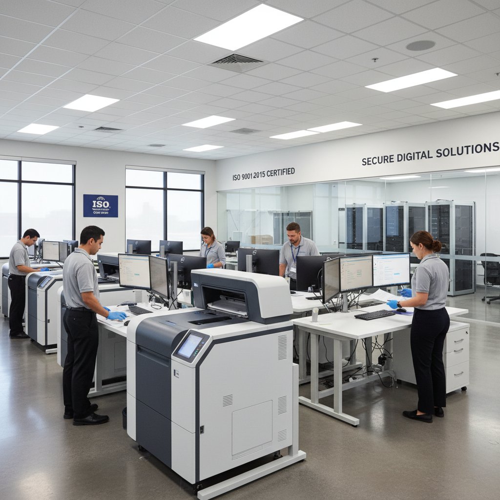 Modernes Dokumenten-Scanningzentrum mit professionellem Team und hochmodernen Scannern in sicherer Umgebung