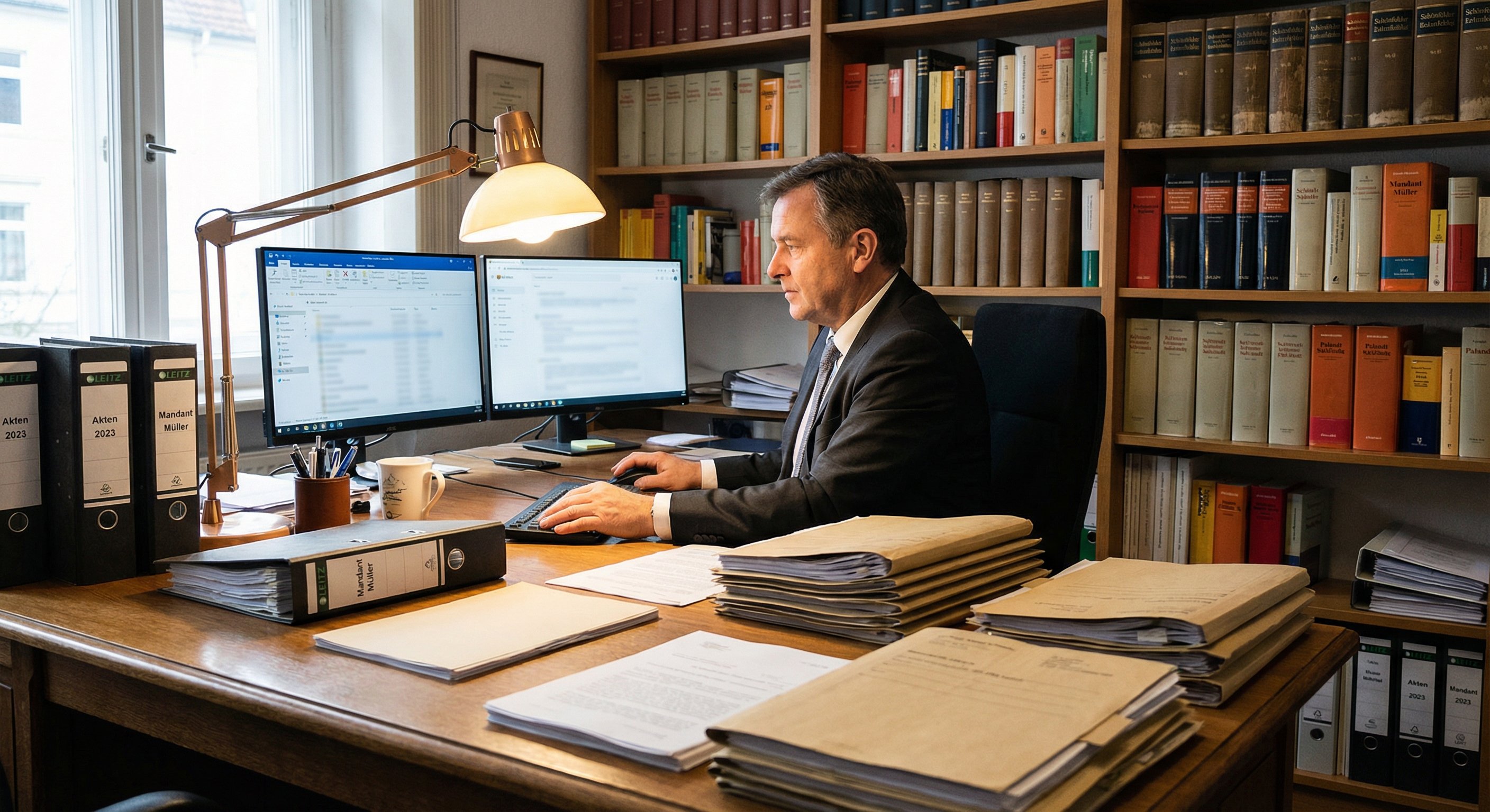 Moderne Anwaltskanzlei mit organisierten Rechtsakten und digitaler Dokumentenverwaltung